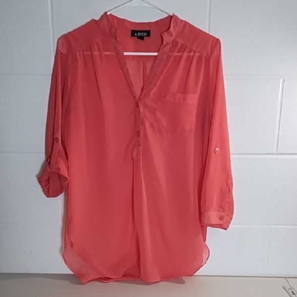 A. Byer Coral Sheer Tangerine 1/2 Button-Up Blouse 3/4 Roll tab Sleeves - Picture 9 of 11